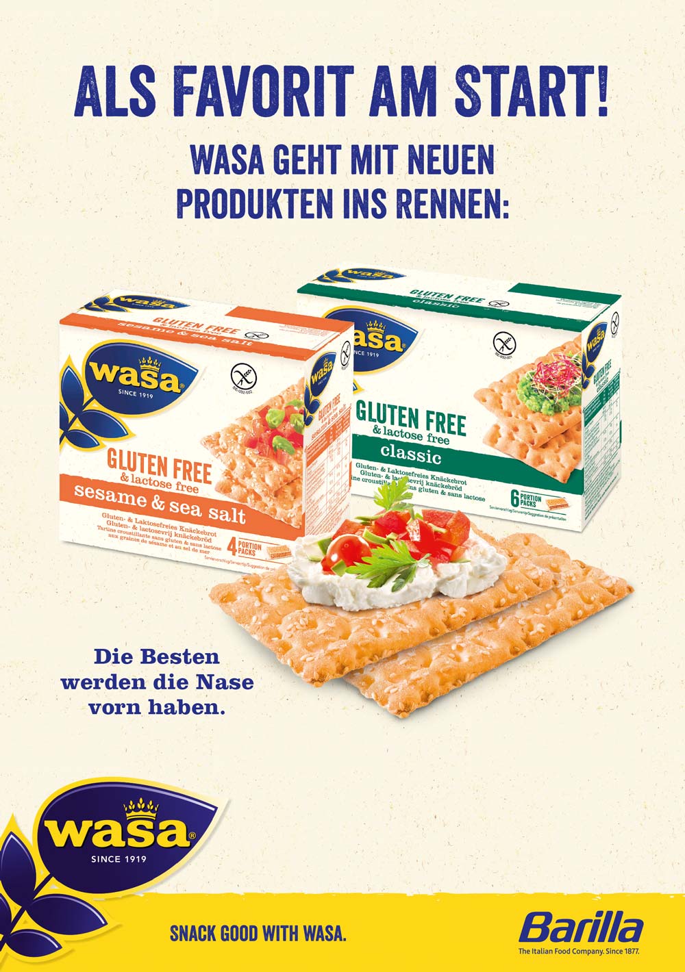 Werbematerial mit ansprechender Darstellung von Wasa Knäckebrot, kombiniert mit modernem Design und markenspezifischer Botschaft. Beispiel für effektive Markenkommunikation und zielgruppenorientiertes Content Marketing.