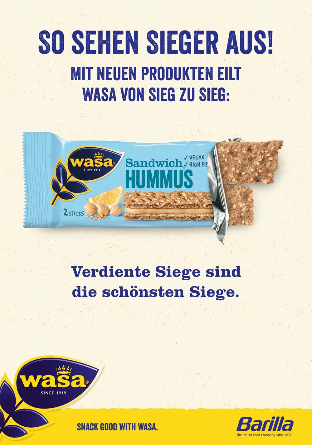 Werbematerial mit einer ansprechenden Präsentation des Wasa Hummus-Riegels, gestaltet mit modernem und zielgruppenorientiertem Design. Beispiel für kreative Produktvermarktung und Markenkommunikation.