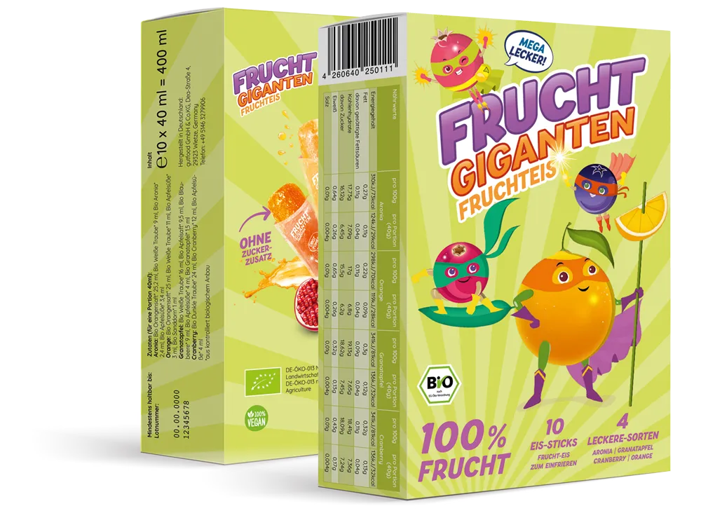 Mockup der Fruchtgiganten-Kartonage mit lebendigem und frischem Verpackungsdesign. Beispiel für modernes Packaging und POS-Gestaltung, abgestimmt auf zielgruppenorientierte Markenstrategie.