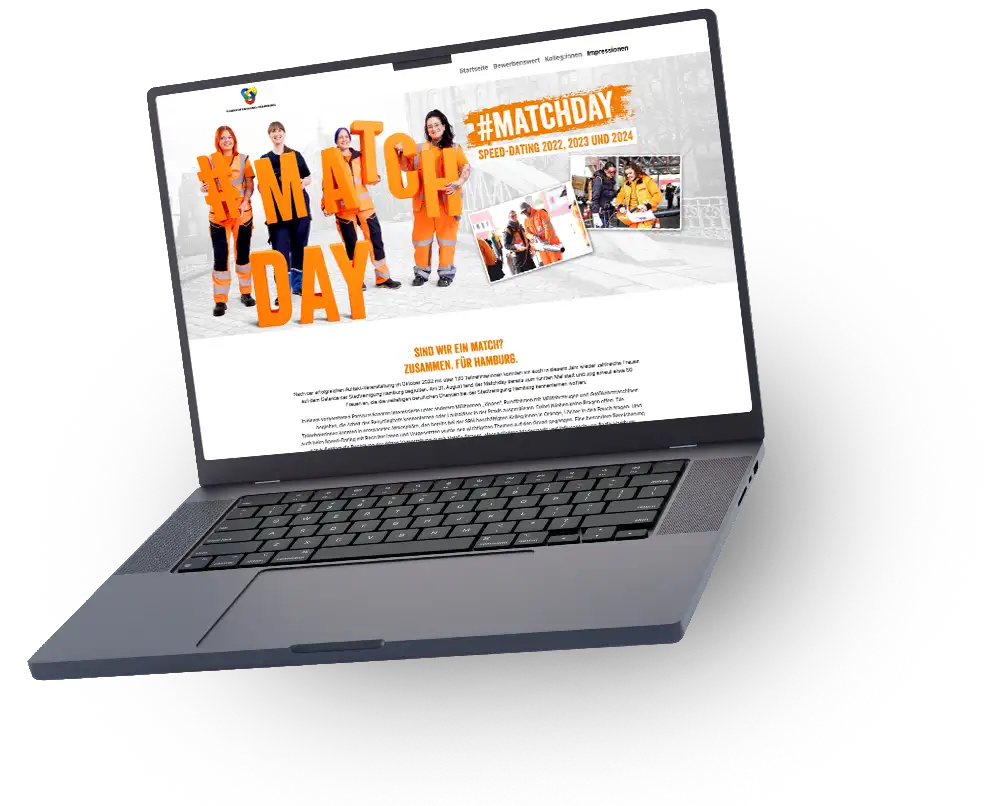 Laptop mit der Matchday-Website auf dem Bildschirm, präsentiert mit modernem Design und benutzerfreundlichem Layout. Beispiel für responsives Webdesign und kreative Employer-Branding-Strategie.